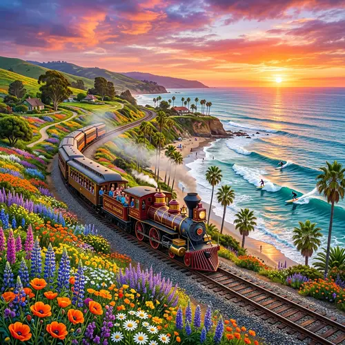 Scenic Train Ride Through Vibrant Beach Landscape