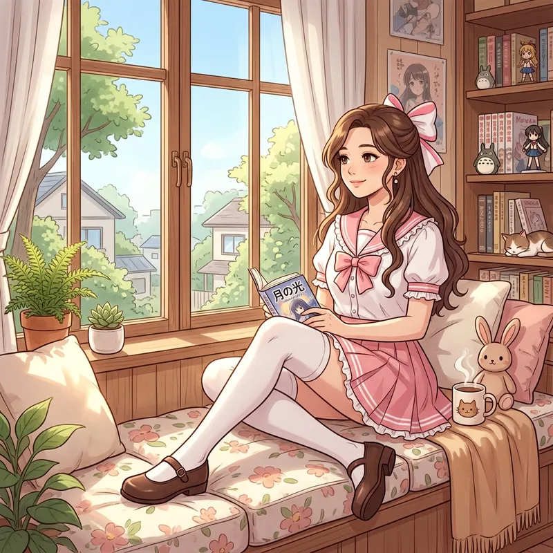 Cozy Anime Cosplay: East Asian Woman by the Window Cozy Anime Cosplay: East Asian Woman by the Window