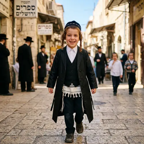 Joyous Jewish Hasidic Boy Smiling | Traditional Attire