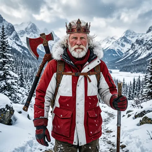 Regal Man in Red Crown and Snow Jacket with Axe - Winter Portrait