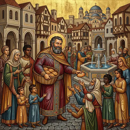 Generous Bearded Man Sharing Bread in Medieval City
