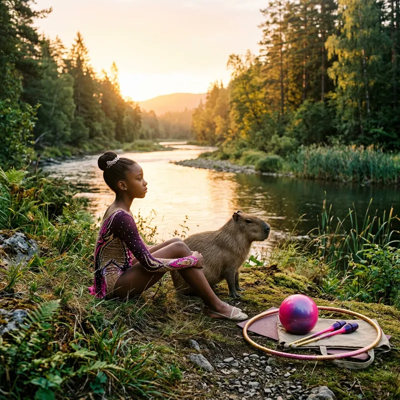 Black Girl Rhythmic Gymnastics by River in Forest with Capybara at Sunrise Black Girl Rhythmic Gymnastics by River in Forest with Capybara at Sunrise