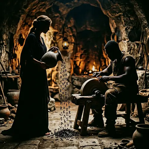 Ancient Letters and Silhouetted Figures