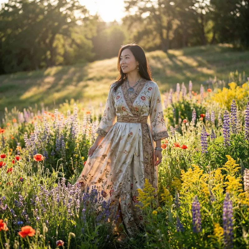 Asian Lady in Colorful Flower Field. Majestic Beauty Shot in HD