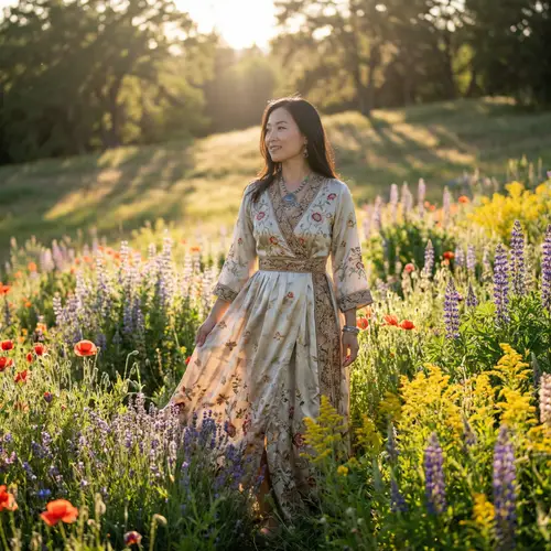 Luxuriously-Dressed Asian Woman amidst Vibrant Flower Field