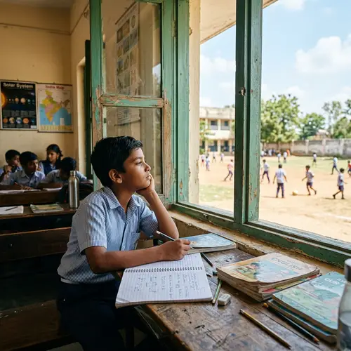 Dreamy South Asian Boy Looking Out Window at School