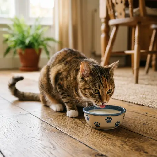 Mischievous Cat Drinking from Bowl of Milk