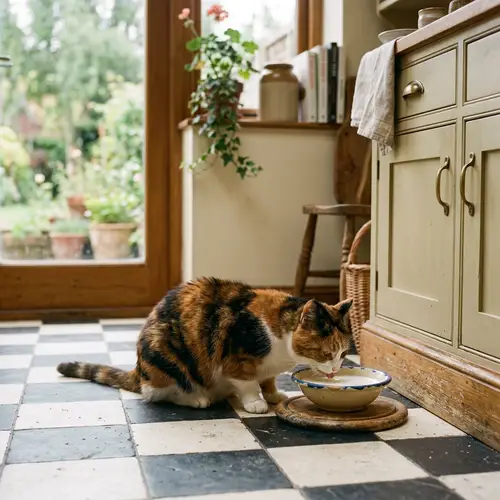 Calico Cat Enjoying Milk in Cozy Kitchen