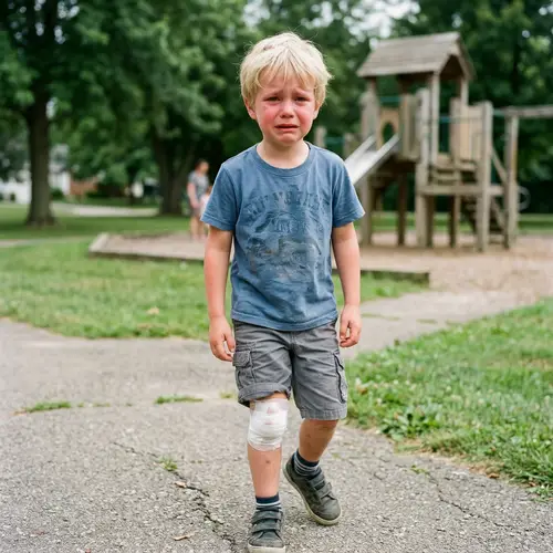 Distressed Boy with Bandaged Right Knee