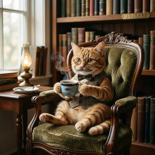 Whiskered Cat in Glasses Enjoying Coffee