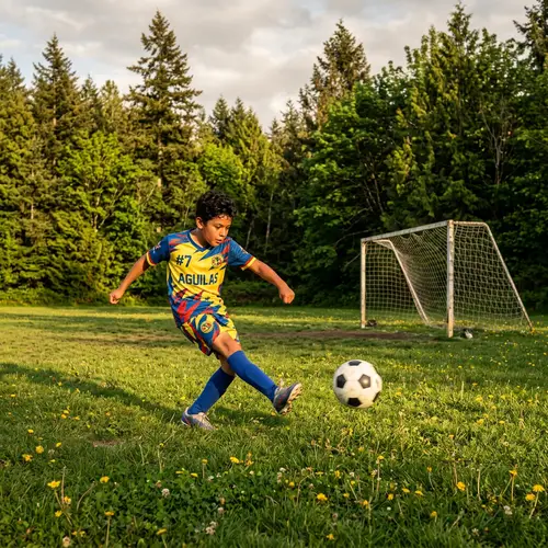 Young Hispanic Boy Practicing Football Skills in Vibrant Field