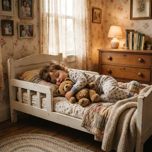 Heartwarming Family Bedroom Scene with Toddler and Stuffed Animal