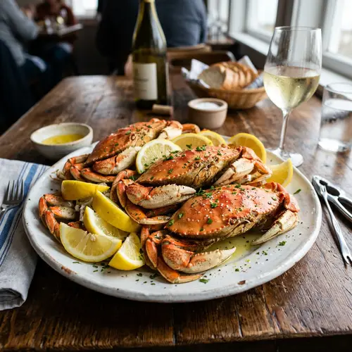 Freshly Prepared Edible Crabs with Lemon on Plate