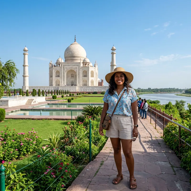 Hispanic Tourist Admiring Taj Mahal in Agra, India