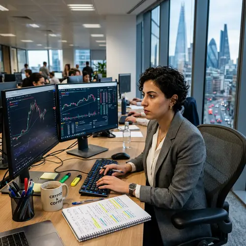 Expert Crypto Trader Analyzing Market Trends | Cityscape View