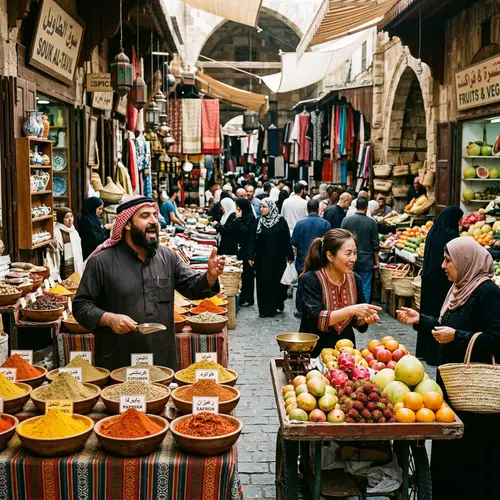 Traditional Marketplace Scene - Spices, Fruits, Craft Stalls