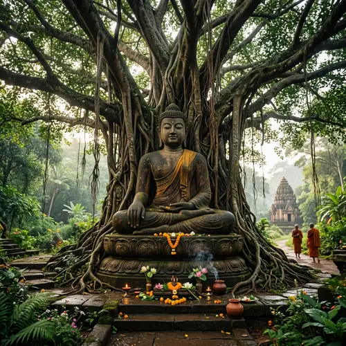 Futuristic Buddha Under Banyan Tree | Serene 3D Art