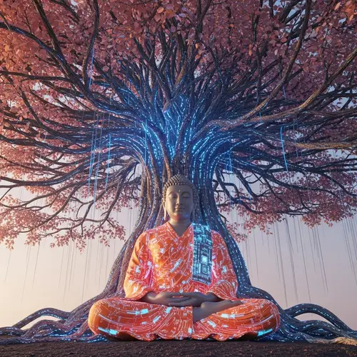 Futuristic Buddha Under Banyan Tree | Serene 3D Art