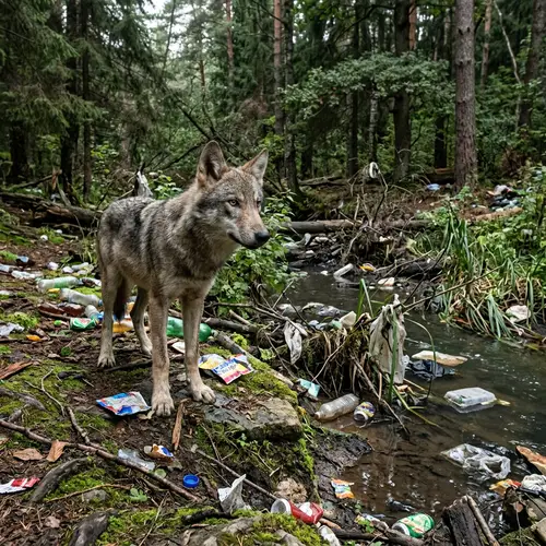 Young Wolf Observing Pollution in the Forest