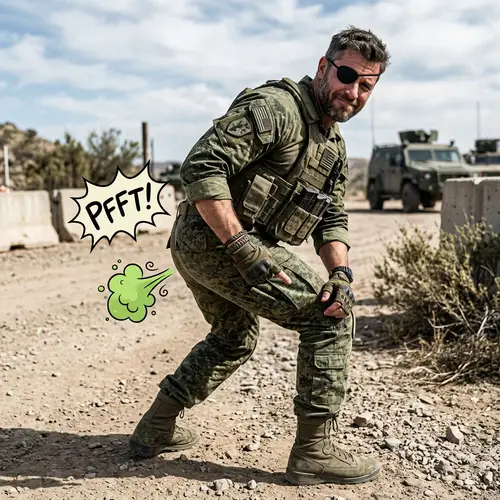 Muscular Man in Combat Outfit with Eye-Patch in Humorous Pose