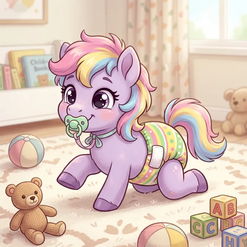 Adorable 3-Month-Old Pony in Colorful Diaper Playing and Crawling Adorable 3-Month-Old Pony in Colorful Diaper Playing and Crawling
