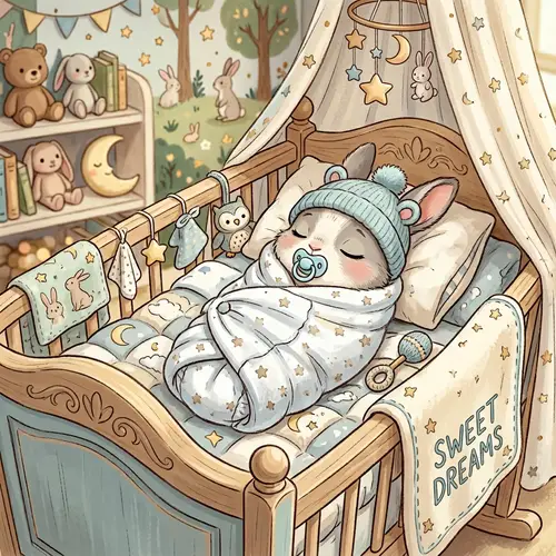 Adorable Newborn Baby Rabbit in Diapers and Cradle