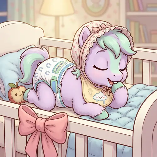 Adorable Baby Pony in Branded Diapers Sleeping in Crib