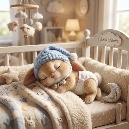 Cute One-Month-Old Baby Bunny Asleep in Crib