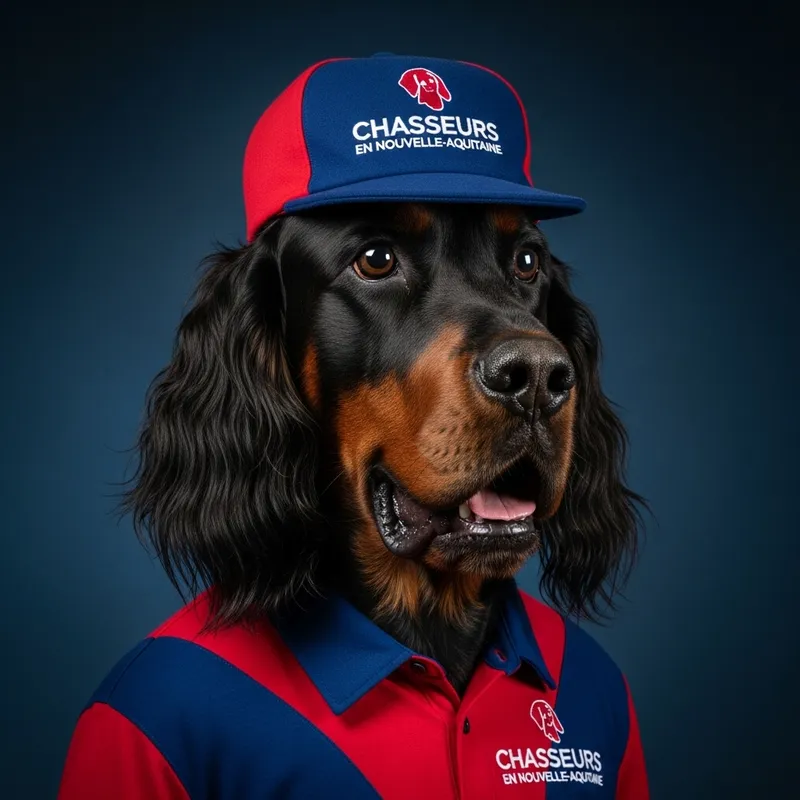 Gordon Dog Mascot with 'Chasseurs en Nouvelles Aquitaine' Hat