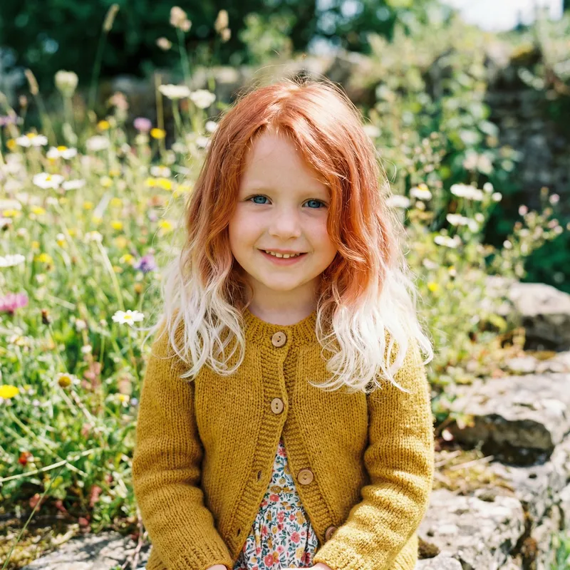 Sweet Girl with Red-White Hair and Blue Eyes in Yellow Cardigan