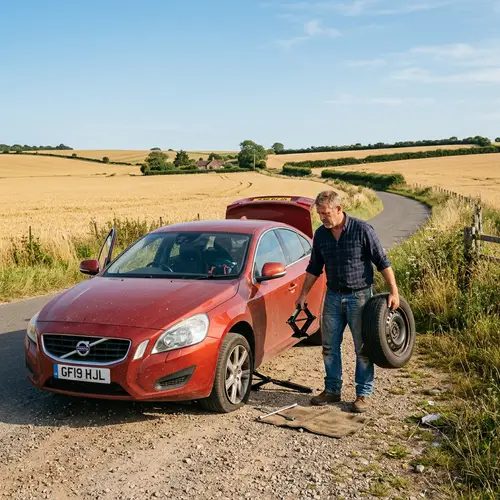 Unfortunate Situation: Vehicle with Flat Tire on Countryside Road