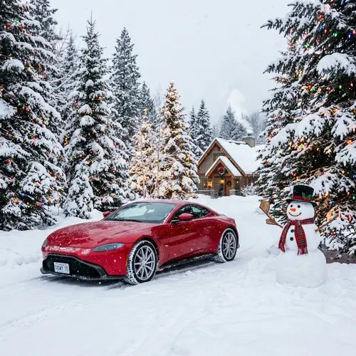 Festive Red Sports Car in Snowy Winter Scene
