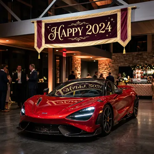 Luxury Sports Car beneath 'Happy 2024' Greeting Banner
