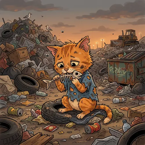Poor Orange Kitten in Garbage Dump Cartoon