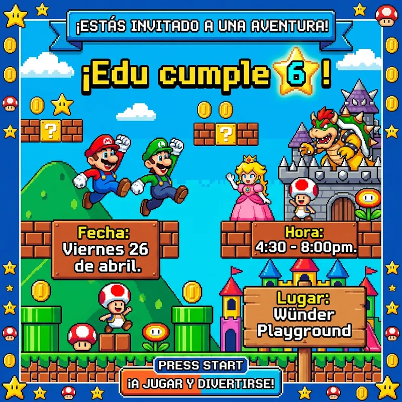 Spanish Mario Bros Birthday Invitation for Kids - Edu Turns 6! Spanish Mario Bros Birthday Invitation for Kids - Edu Turns 6!