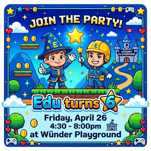 Fun Blue Theme Kid's Party Invitation with Cartoonish Characters