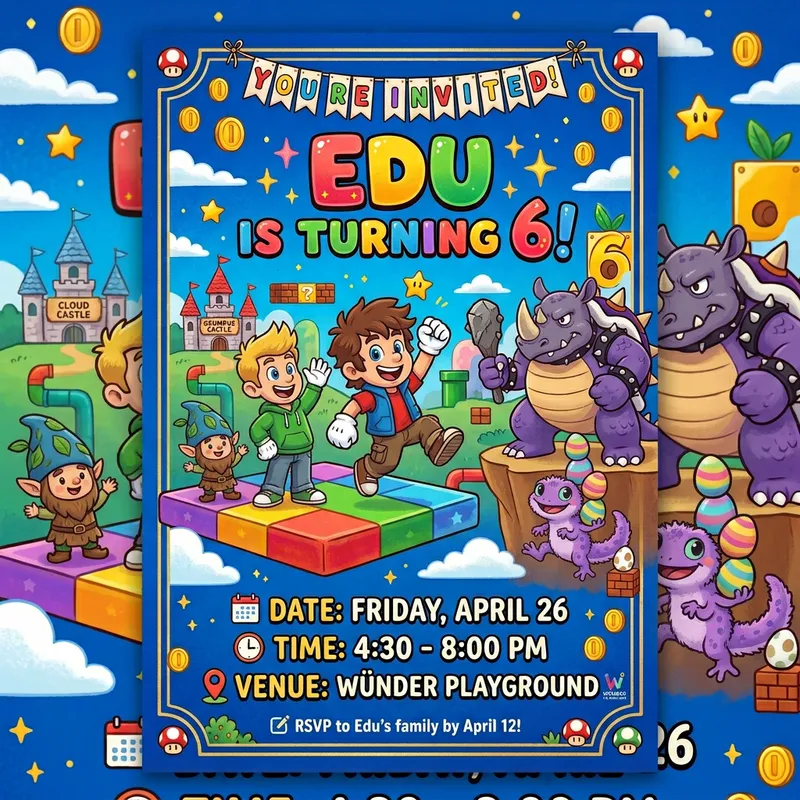 Kid's Mario Bros Themed Birthday Invitation at Wünder Playground