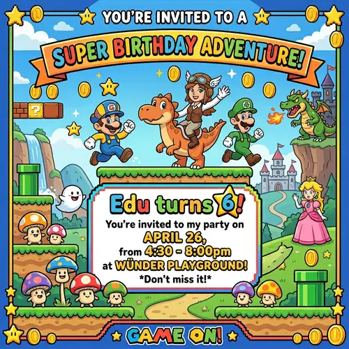 Vibrant 6th Birthday Party Invitation on Video Game landscape