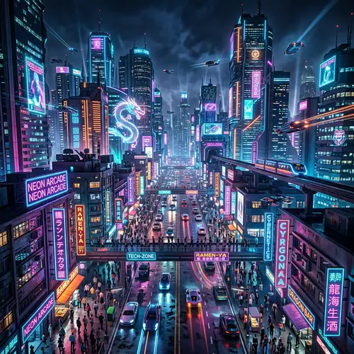 Neon Cyberpunk Cityscape at Night - Futuristic Urban Landscape