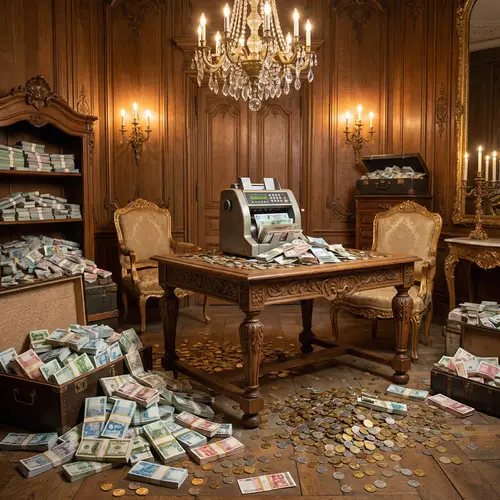 Global Currency Room Filled with Money Stacks & Coins