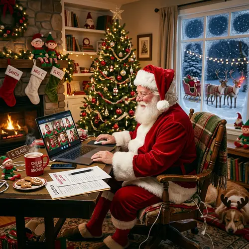 Santa Claus Working Remotely - Modern Holiday Scene