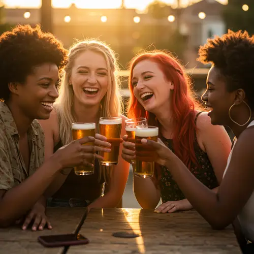 Four Happy Women Enjoying Beer Together