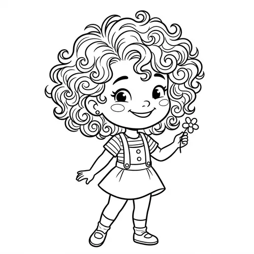 Girl with Short Curly Hair | Line Drawing for Coloring Page