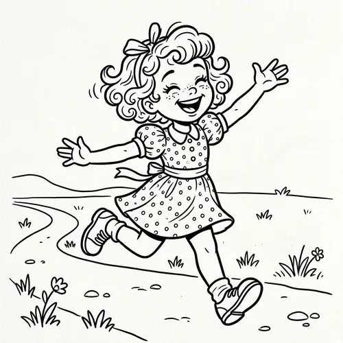 Cartoon Style Coloring Page of a Happy Girl with Short Curly Hair