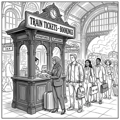 Train Ticket Booking Line Art - Vintage Scene Illustration