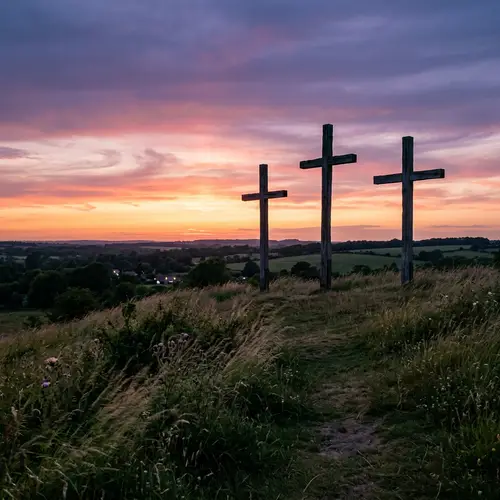 Three Crosses on Hill at Dusk - Symbolic Serenity