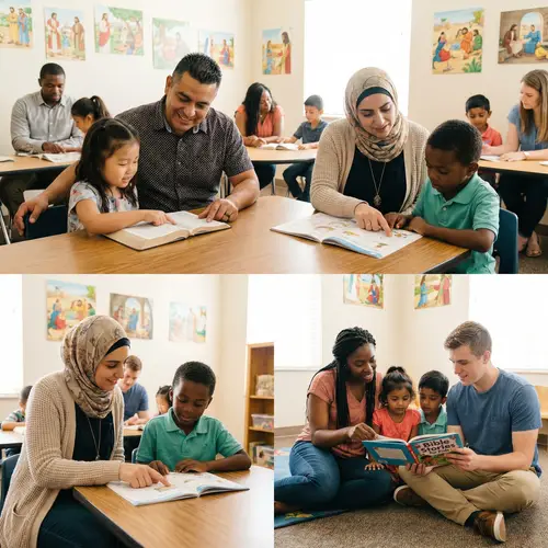 Diverse Adult & Children's Bible Class in Inviting Sunday School Scene