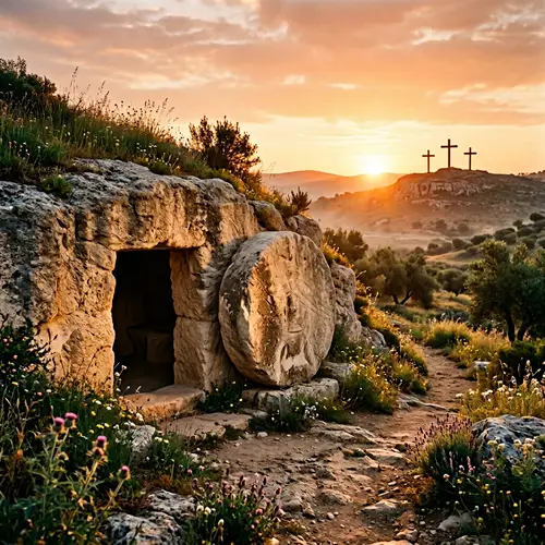 Empty Tomb Of Jesus Christ At Sunrise - Resurrection Concept