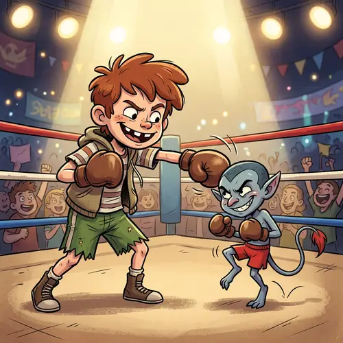 Mischievous Boy and Impish Character Boxing