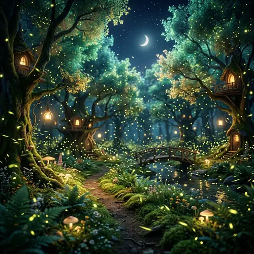 Enchanting Nocturnal woodland kingdom with glowing fireflies